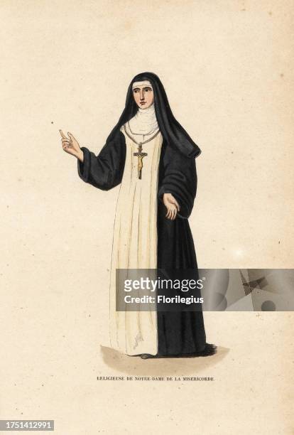 Nun of the Congregation of the Sisters of Our Lady of Mercy, Religieuse de Notre-Dame de la Misericorde. Handcoloured woodblock engraving after an...