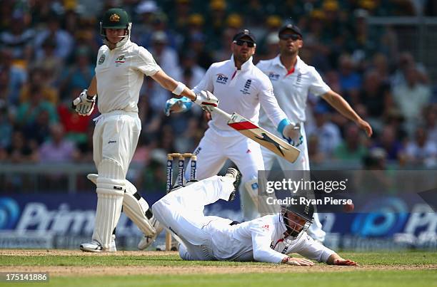 Ian Bell of England attempts to catch Steve Smith of Australia during day one of the 3rd Investec Ashes Test match between England and Australia at...