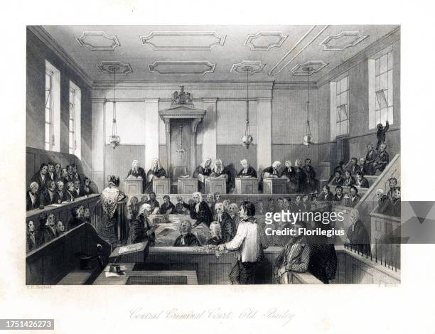 Lawyers question a lady witness before judge and jury at the Central Criminal Court, Old Bailey. Steel engraving by Henry Melville after an...