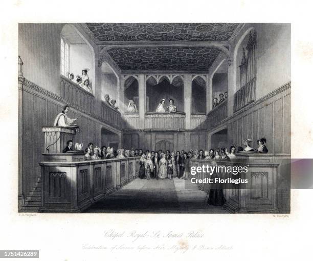 Queen Victoria and Prince Albert at a service in the Chapel Royal, St. James' Palace. Steel engraving by W. Radclyffe after an illustration by Thomas...