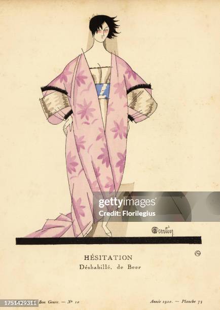Woman in tea gown of chiffon, large silver lace sleeves with skunk fur. Hesitation - Deshabille, de Beer. Ce grand tea-gown est de mousseline brochée...