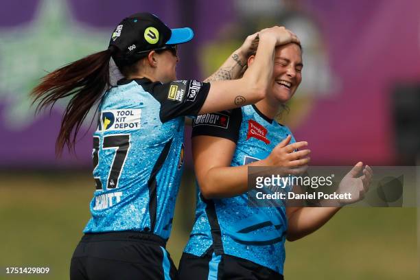 Danielle Gibson of the Strikers celebrates the dismissal of Josie Dooley of the Renegades during the WBBL match between Melbourne Renegades and...
