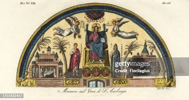 Mosaic of Christ Pantokrator in the choir of the Basilica of Sant’Ambrogio, Milan, 4th century. Musaico nel Coro di S. Ambrogio. Handcoloured...