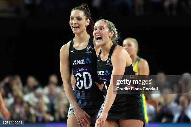 Maddy Gordon of New Zealand and Karin Burger of New Zealand celebrate and during game four of the 2023 Constellation Cup series between New Zealand...