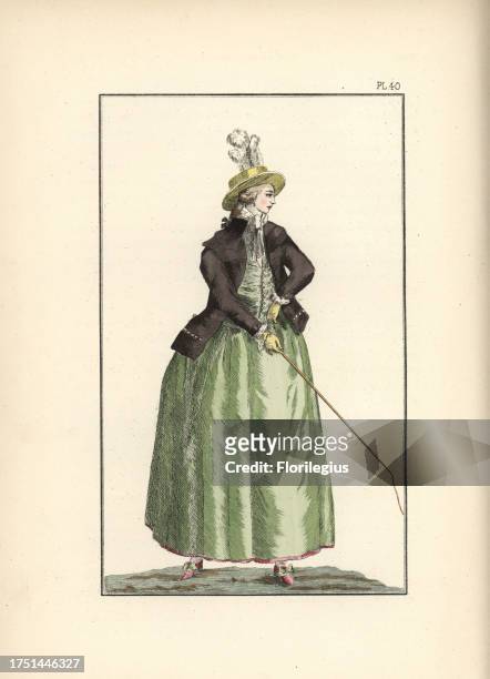 Woman in traveling clothes for riding a cabriolet: she wears a jacket with three collars in Peking puce, a gilet and petticoat in Peking apple-green,...