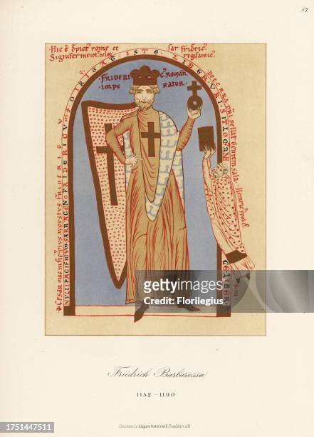 Costume of Frederick I, Holy Roman Emperor, Frederick Barbarossa or Friedrich der Rothbart, d. 1190. From a manuscript in the Vatican in Rome....