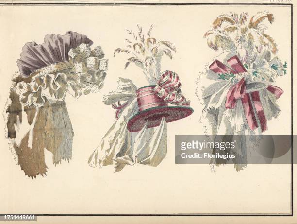 Fashionable hats of 1788. Demi-bonnet in violet gauze with white frills, hat in pink taffeta with ribbons, gauze and feathers, and a pouf in Italian...