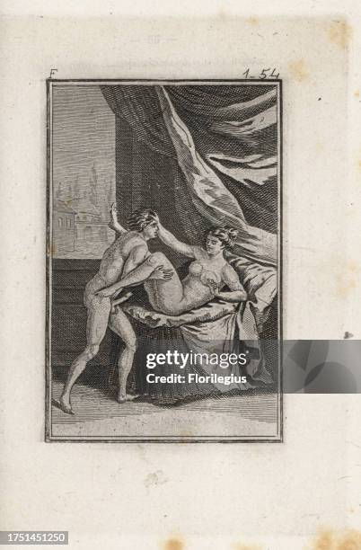 Naked man and woman having sex in a curtained bedroom, 18th century. Woodblock engraving from John Cleland's Fanny Hill, Amsterdam & Paris, 1880s....