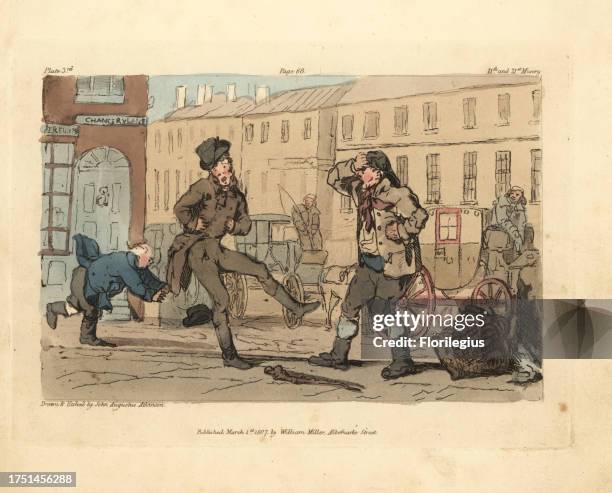 Headbutting collision between a gentleman and a scavenger on Chancery Lane, London. Handcoloured copperplate drawn and etched by John Augustus...
