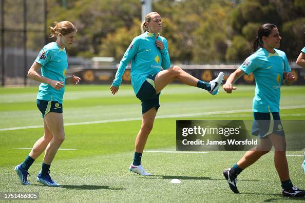 Emily Van Egmond of the Matildas stretches as she warm's up during a