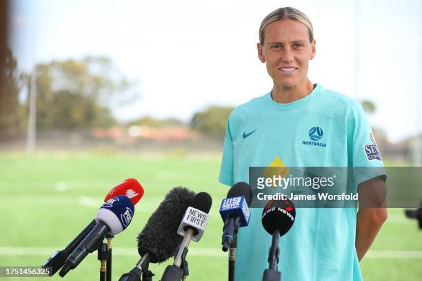 Emily Van Egmond of the Matildas speaks to media after an Australia Matildas training session at WA State Football Centre on October 23, 2023 in...