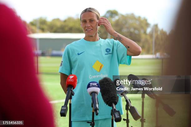 Emily Van Egmond of the Matildas speaks to media after an Australia Matildas training session at WA State Football Centre on October 23, 2023 in...