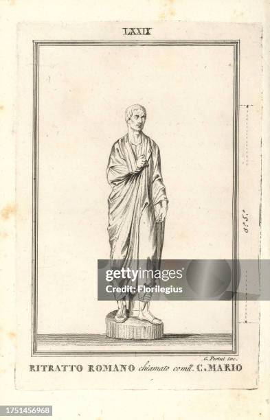 Statue of a Roman, believed to be Caius Marius, general and statesman. Copperplate engraving by Gio. Petrini from Pietro Paolo Montagnani-Mirabili's...