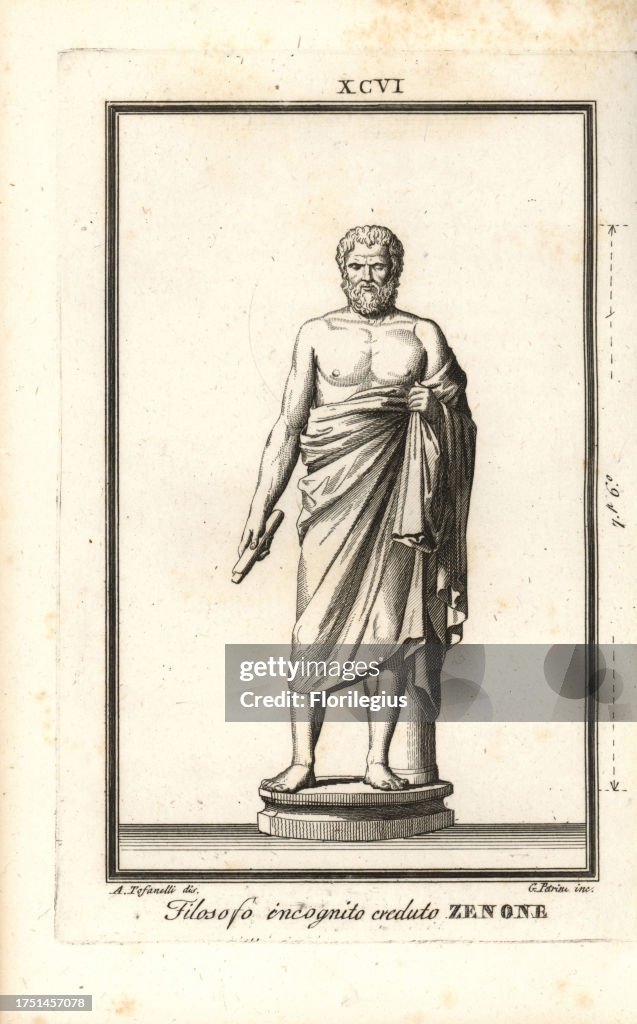 Unknown philosopher, believed to be Zeno of Citium, Greek stoic philosopher. Copperplate engraving by Gio. Petrini after an illustration by A. Tofanelli from Pietro Paolo Montagnani-Mirabili's Il Museo Capitolino (The Capitoline Museum), Rome, 1820