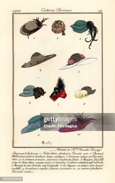 New hat designs by milliner Marcelle. Demay. Modeles de Mme. Marcelle Demay. Handcoloured pochoir etching after an illustration by Charles Martin...