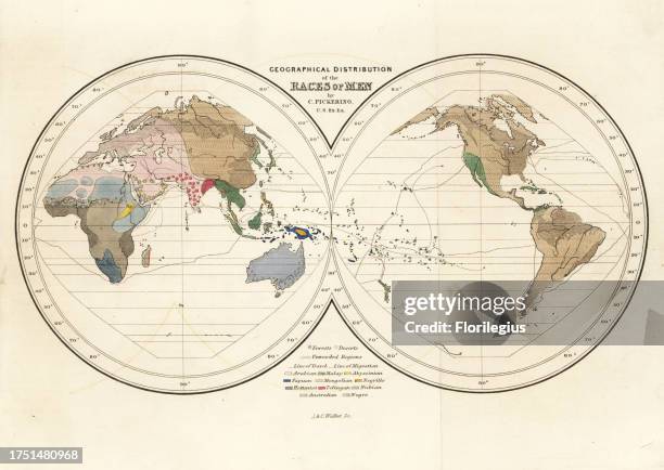 World map of the Geographical Distribution of the Races of Men. Arabian in pink, Malay in green, Abyssinian in yellow, Papuan in dark blue, Mongolian...