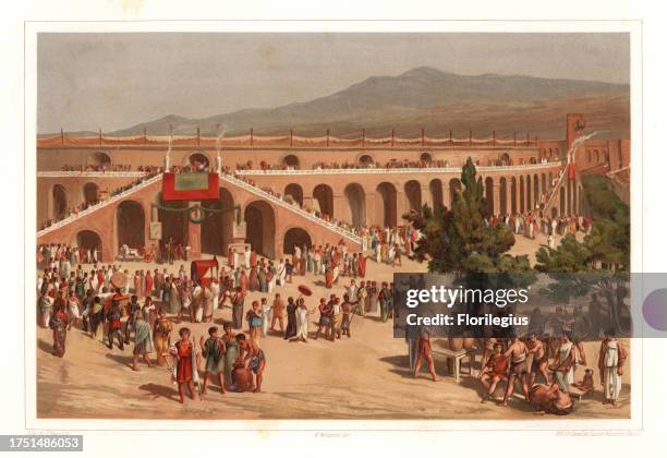 Exterior of the Ampitheatre, Pompeii. Crowds of spectators walking into the stadium. Chromolithograph by D. Capri after an illustration by G. Cel...
