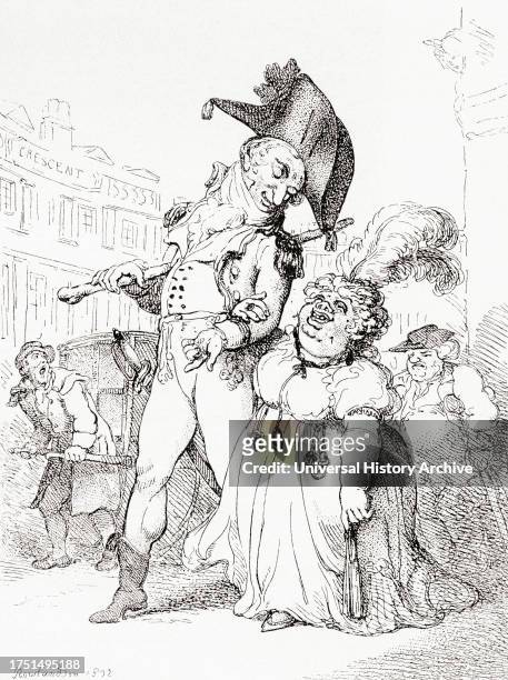 The Successful Fortune Hunter, Or Captain Shelalee leading Miss Marrowfat to the temple of hymen, after Thomas Rowlandson, 1802. From Illustrierte...