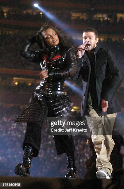 Janet Jackson and Justin Timberlake during Super Bowl XXXVIII Halftime Show at Reliant Stadium in Houston, Texas, United States.