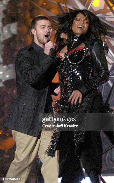 Justin Timberlake and Janet Jackson during Super Bowl XXXVIII Halftime Show at Reliant Stadium in Houston, Texas, United States.