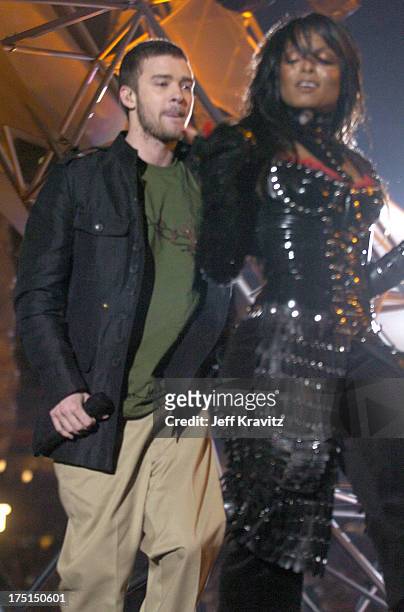 Justin Timberlake and Janet Jackson during Super Bowl XXXVIII Halftime Show at Reliant Stadium in Houston, Texas, United States.