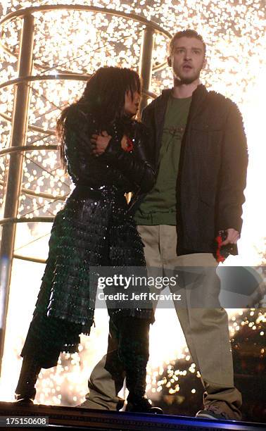 Janet Jackson and Justin Timberlake during Super Bowl XXXVIII Halftime Show at Reliant Stadium in Houston, Texas, United States.