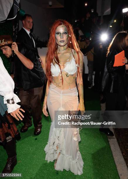 Halsey is seen arriving to Vas Morgan and Michael Braun's Halloween Party on October 28, 2023 in Los Angeles, California.