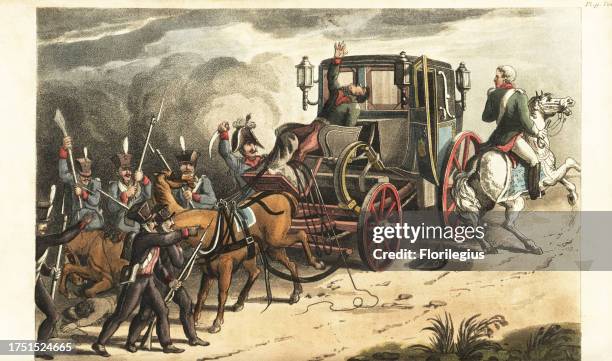 Prussian soldiers capturing Napoleon’s coach after the Battle of Waterloo. The soldiers shot the driver and coachman, and the Major von Keller...