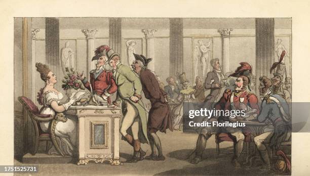 Young English gentleman flirting with the Fair Limonadiere in the Cafe de Mille Colonnes, Palais Royal, Paris. Waiters bringing hot chocolate to...