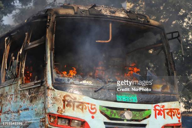 Unidentified miscreants set a public bus on fire during a countrywide strike from dawn to dusk called by the Bangladesh Nationalist Party ,...