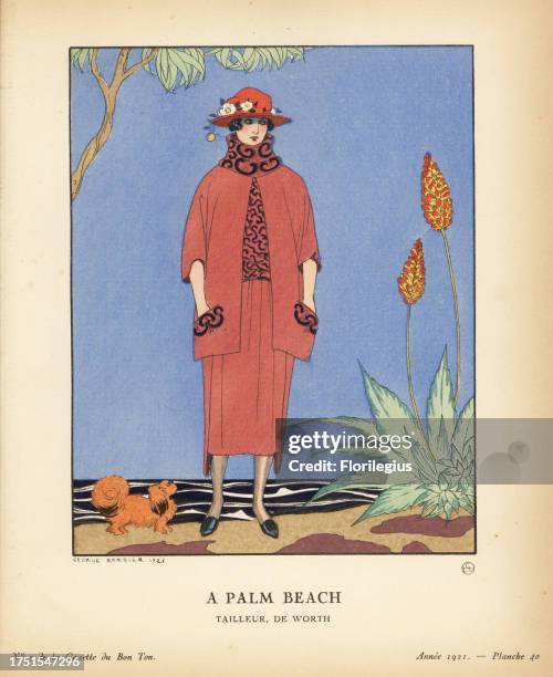 Woman on the coast at Palm Beach in a red three-piece suit with blue lace by Worth. A Palm Beach. Tailleur de Worth. Ce tailleur, ou robe...