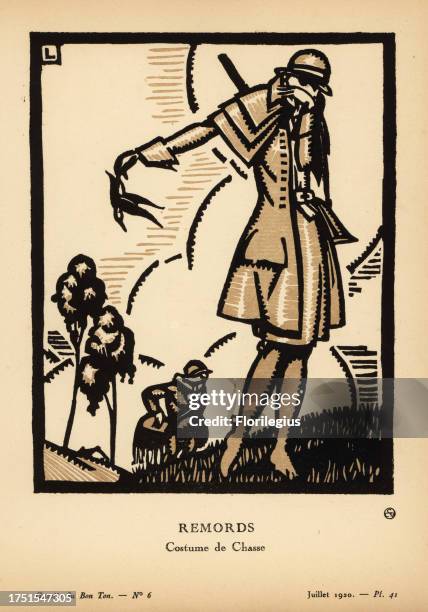 Woman in hunting outfit with rifle and dead bird. She wears a frock coat over a burnoussa skirt, calfskin boots. Remords. Costume de chasse. Il est...