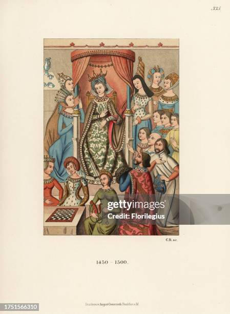 French costumes of the late 15th century. A woman on a throne at a banquet surrounded by allegorical figures of women, one with a pet squirrel,...