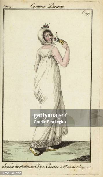 Fashionable woman in crepe morning bonnet, 1801. She wears a long-sleeved short jacket or canezou over a shift dress. Bonnet de Matin en Crêpe....