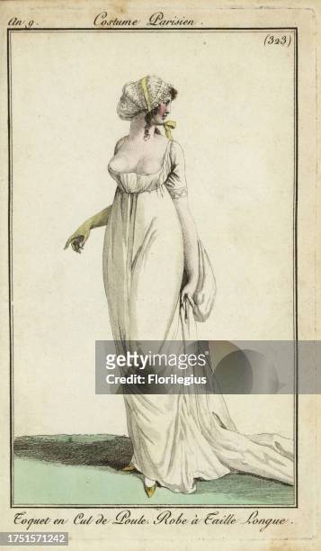 Fashionable woman or Merveilleuse in a toque cap, 1801. The cap was called a parson’s nose or cul de poule. Her low-cut, nipple-revealing tunic dress...