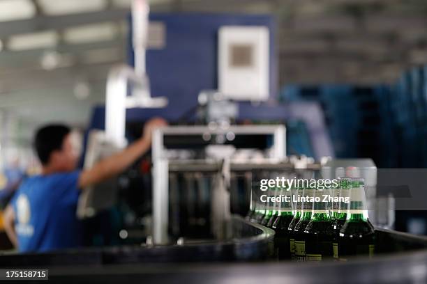 Worker inspects bottles of beer moving along a production line at the Jinzhu Manjiang beer factory on August 1, 2013 in Fujin, Heilongjiang Province,...