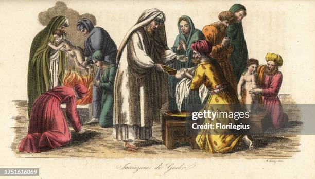 Initiation ceremonies of gabr or disciples of Zoroastrianism in ancient Persia. A priest pours water in a baby’s mouth, washes a child and holds...
