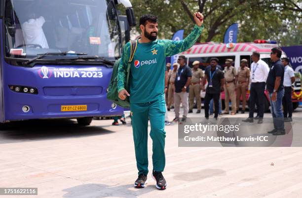 Shadab Khan of Pakistan arrives ahead of the ICC Men's Cricket World Cup India 2023 between Pakistan and Afghanistan at MA Chidambaram Stadium on...