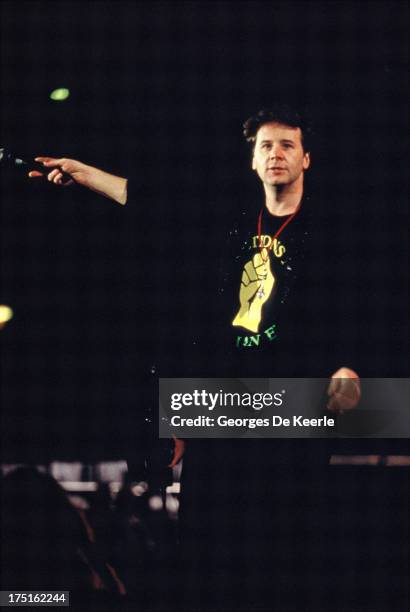 Scottish musician Jim Kerr of Simple Minds performs at a concert held at Wembley Stadium to celebrate the release of African National Congress leader...