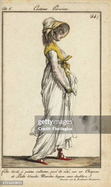 Fashionable woman on the Blvd. Montmartre, 1798. She wears a kerchief with pointed ends tied on one side of a white straw hat. Dress with unlined...