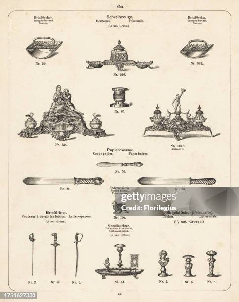 Inkstand, blotter, paper knife and letter opener. Lithograph from a catalog of metal products manufactured by Wuerttemberg Metalware Factory,...