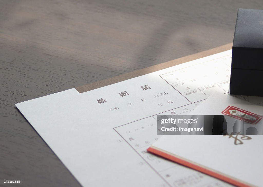 Marriage form, Kotobuki (Congratulation) envelop, and a ring case