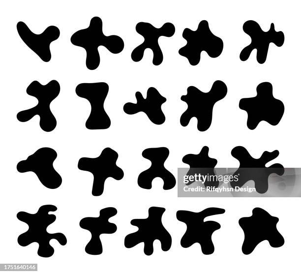 collection set of blob shape organic on white background. random black cube drops simple shapes. amoeba, pebble, inkblot, drops and stone silhouettes. handdrawn liquid black blotch spot irregular form - pebbles white background stock illustrations