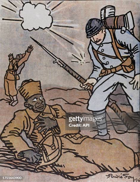 Dessin d'André Foy dans le numéro 65 du 28 septembre 1916 du journal "la Baïonnette" montrant un soldat français s'inquiéter de la blessure d'un...