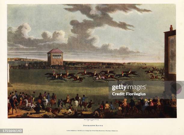 Horses and jockeys racing at Newmarket Races in front of fashionable crowds. Thoroughbred race at the Newmarket racecourse, Suffolk, circa 1830....