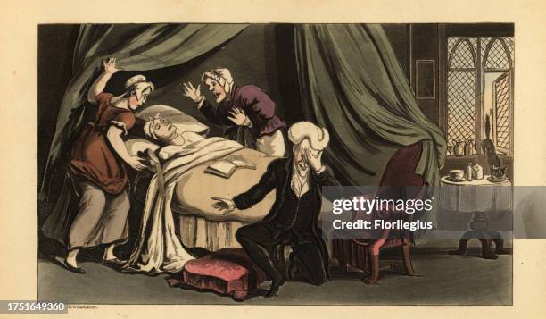 Regency parson at his wife's deathbed. Servants react in shock while the doctor falls to his knees in grief. Dr. Syntax lamenting the loss of his...