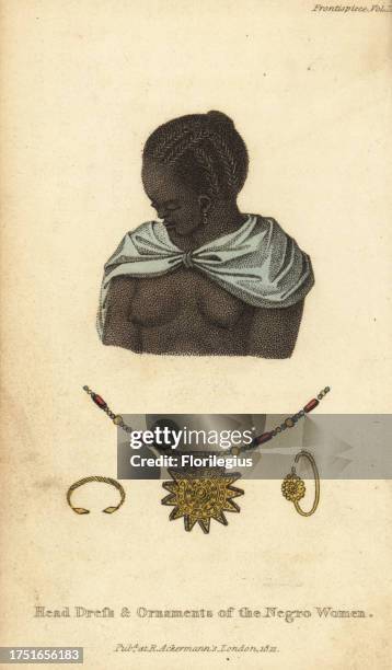 Woman’s braided hairstyle and jewelry, Senegambia, 18th century. Headress and ornaments of the negro women. Coiffure des negresses. After Rene Claude...