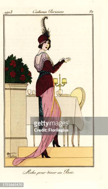Woman in evening gown for dinner at Bois. Robe pour diner au Bois. Handcoloured pochoir etching after an illustration by Armand Vallee from Tommaso...