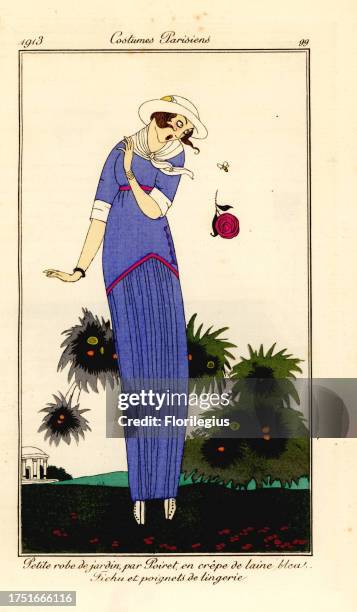 Woman in a garden scared by a bee. She wears a dress by Paul Poiret in blue wool crepe, with white fichu and cuffs. Petite robe de jardin par Poiret...