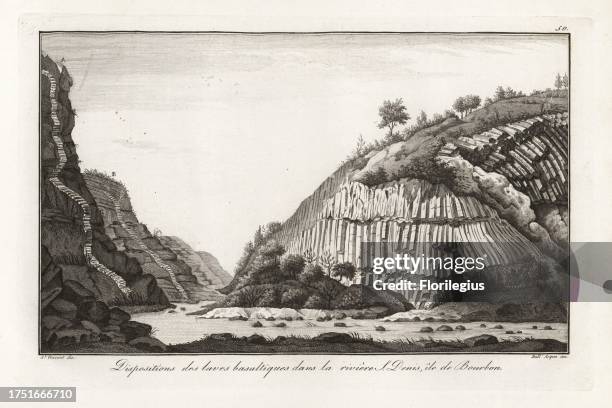 Configuration of basalt lava in the Saint Denis river, Reunion Island. After a design in Jean Baptiste Bory de Saint-Vincent's Voyage dans les quatre...